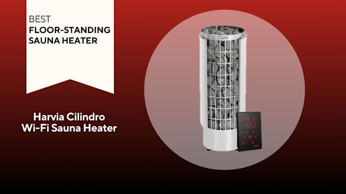 Harvia Cilindro Wi-Fi Sauna Heater — a grated, cylindrical basket filled with grey rocks